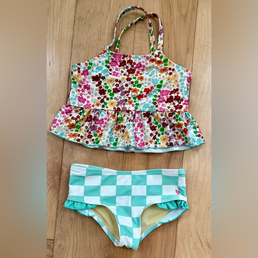 Pink Chicken Joy Floral Peplum Top and Checkered Bottom tankini 3Y GUC